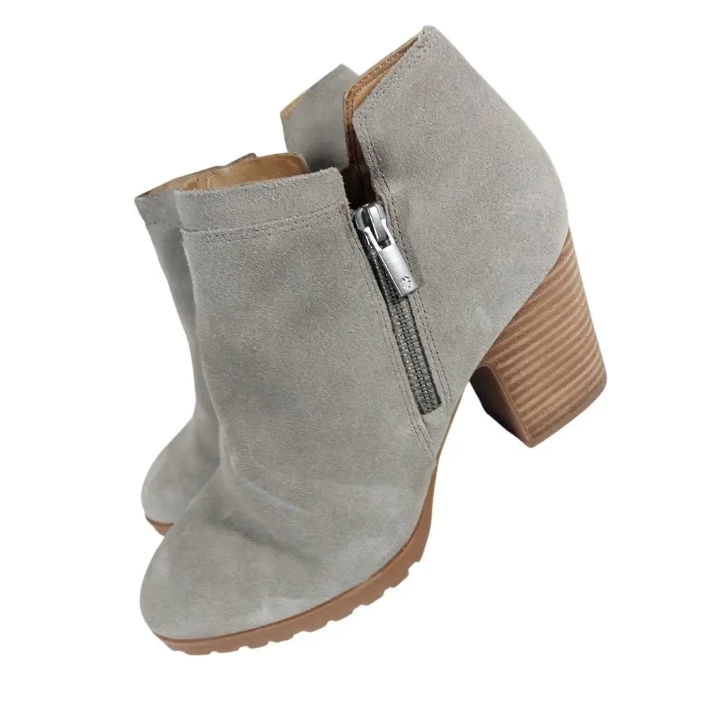 NWOT! LUCKY BRAND! GRAY GENUINE LEATHER DOUBLE ZIP, STACK HEEL ANKLE BOOTS! 7.5M